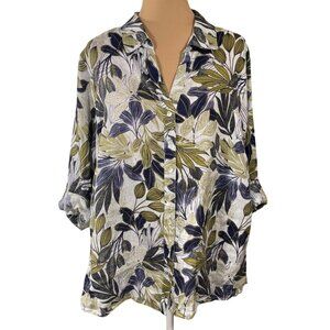 Tahari Top Blouse 100% Linen Tunic Blouse Top Size 2X Green Navy